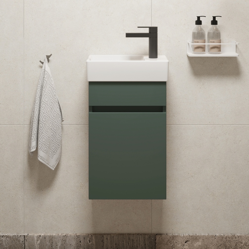 Close up image of the Abacus Concept Matt Green S1 Vanity Unit & Basin Right-Handed Tap